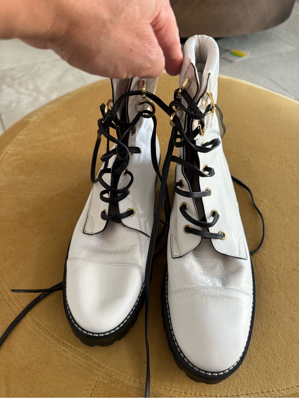 Stuart Weitzman White Leather Lace-Up Ankle Boots with Black Laces